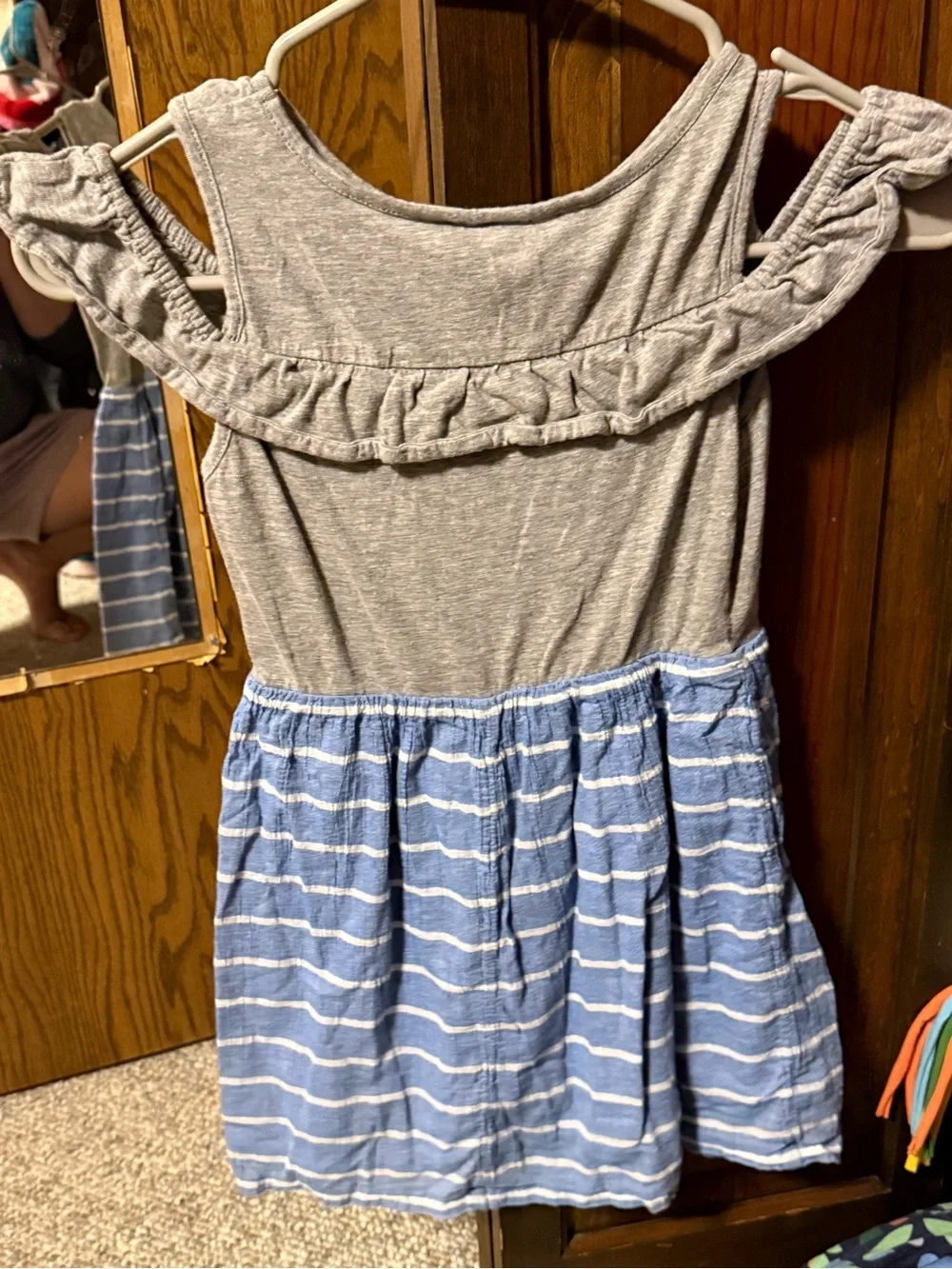 GAP Girls Gray Ruffle Cold-Shoulder Dress with Blue Striped Skirt